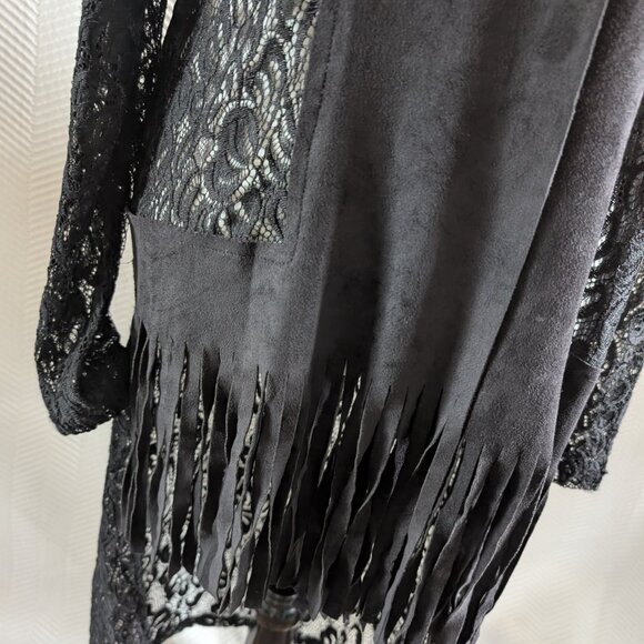 Simon Chang Lace Crochet Duster Faux Suede Fringe Black Size 10, M, Whimsigoth - Picture 5 of 13